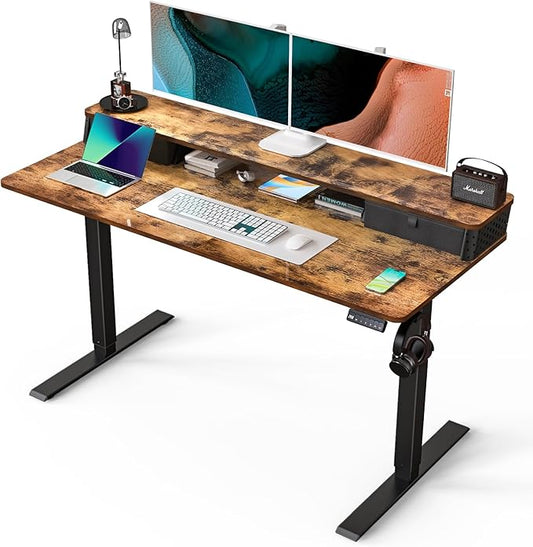 Electric Standing Desk with 2 Drawers 55''x 24'' Adjustable Height Sit to Stand Up Desk with Storage Shelf, C-Clamp Mount Compatible Home Office Desks Computer Gaming Table Ergonomic Workstation