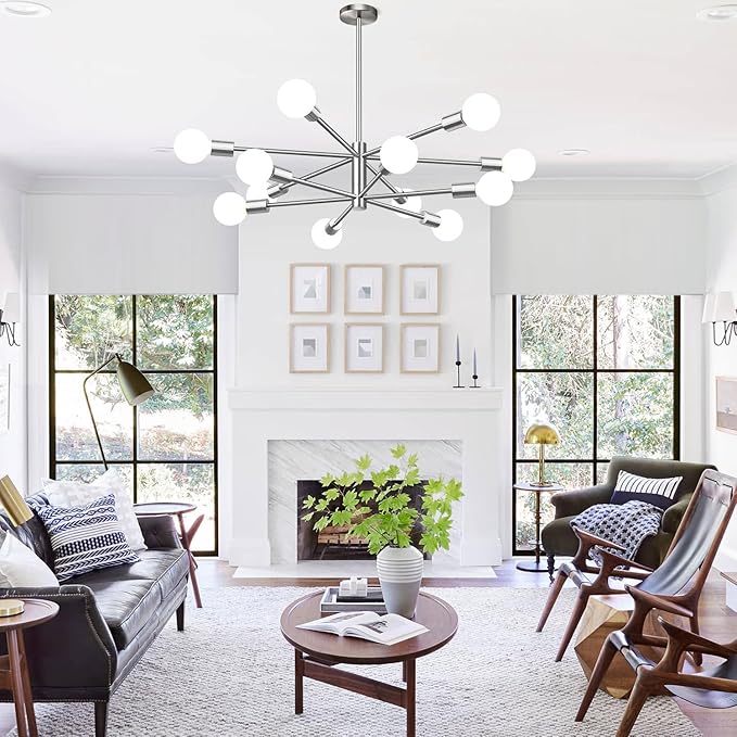 33" Modern Chandelier Ceiling Light Fixture, 12-Light Sputnik Chandeliers Brushed Nickel Mid Century Chandelier Over Table, Height Adjustable Chandeliers for Dining Room Living Room Kitchen Island