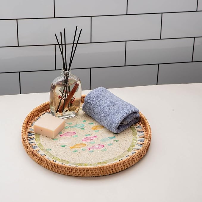 11.81" Decorative Round Mother Pearl Inlay Tray Rattan Wooden Base for Fruit Serving, Coffee Table Tray, Storage and Display Organizer (Fish 13.8)