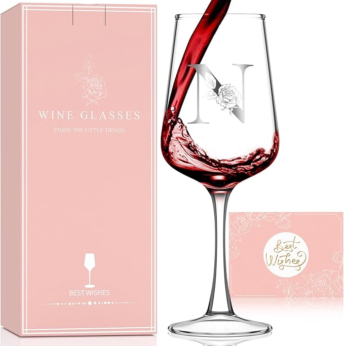 Monogrammed Wine Glass Gifts for Women - Personalized A-Z Wine Glasses with Gift Box & Greeting Card | Custom Mothers day, Anniversary, Birthday Gifts for Her, Mom, Wife, Best Friend, Sister,Woman (N)