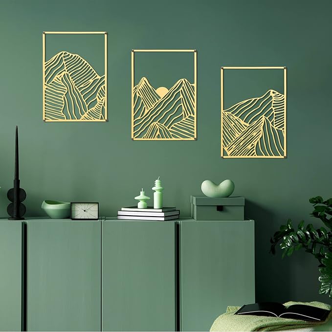 Peryiter 3 Pcs Metal Wall Art Decor Landscape Mountain Wall Hanging Decor for Living Room Abstract Minimalist Modern Mountain Line Pictures Summer Bathroom Office Home Gifts Indoor(Gold)