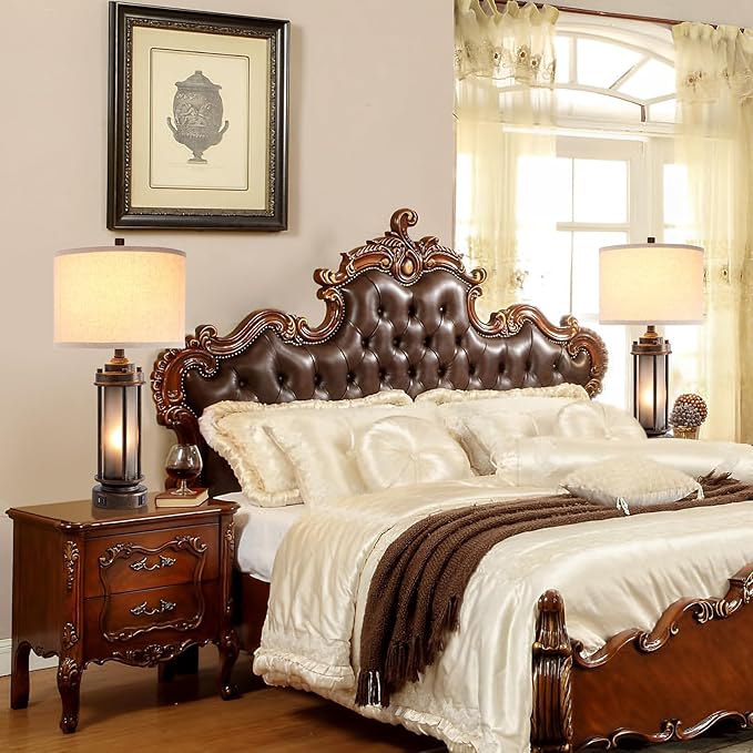 25'' Farmhouse Table Lamp with 2 USB Charging Ports, Rustic Vintage Nightstand Lamp with Frosted Glass Nightlight, Retro Desk Lamp for Living Room Bedroom End Table Entryway, 2 Bulbs Included