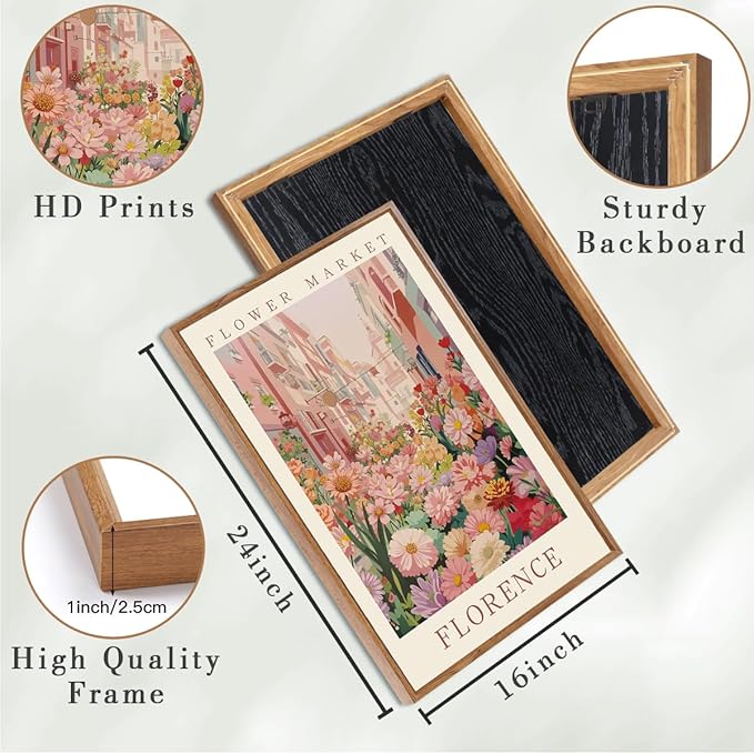 IARTTOP Large Framed Pink Matisse Canvas Wall Art 16x24 Inch Colorful Flower Market Wall Decor Boho Botanical Art Prints for Living Room Bedroom Office Set of 3