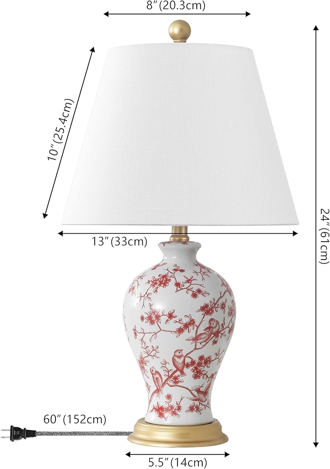 JONATHAN Y JYL3009C Grace 24" French Country Cottage Ceramic/Iron Floral Urn LED Table Lamp, White/Red for Bedroom, Living Room, Office, College