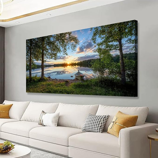 Tree Canvas Wall Art of a Sunrise Over a Forest Lake 20x40inches Nature Inspired Painting Perfect for Wall Decoration in Living Room and Bedroom Trees and Landscape Picture Artwork Prints