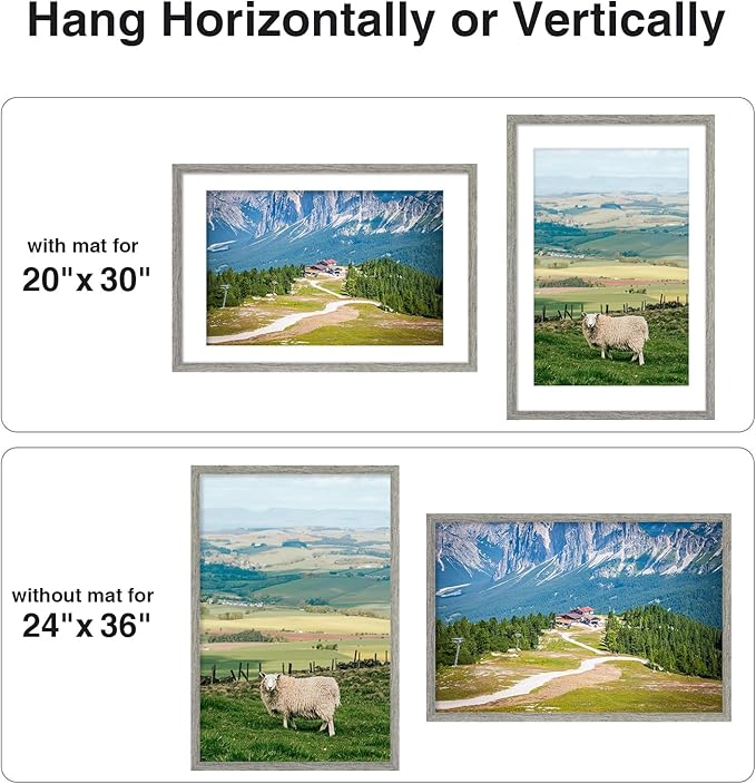 Vittanly 24x36 Poster Frame for Wall, Plexiglass, Displays Picture 20x30 with Mat or 24x36 without Mat, PVC Frame Material, Horizontal or Vertical Hanging, 1 Pack, Grey