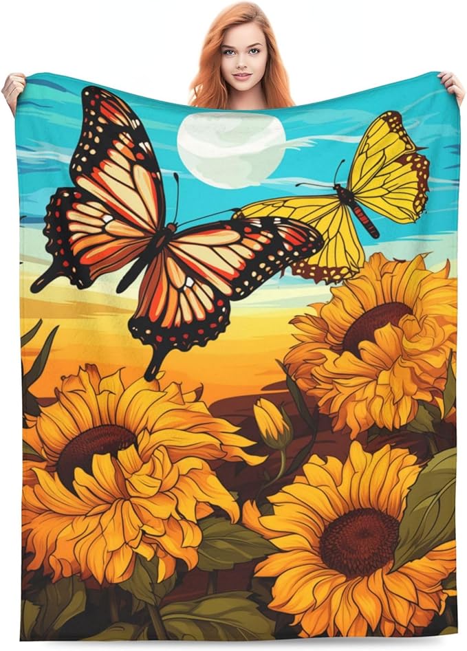 Butterfly Sunflower Blanket Gifts for Grils Women Sunshine Floral Flannel Throw Blankets for Home Couch Bed Sofa Soft Fuzzy Lightweight Decor All Season 80x60 Inches