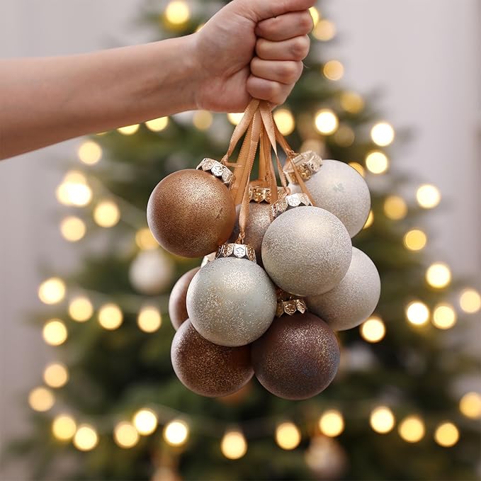 24 Pcs Neutral Textured Christmas Ball Ornaments 2.36'' Vintage Christmas Tree Decor Modern Rustic Brown Ornaments with Loop Shatterproof Hanging Ball for Xmas Farmhouse Decor (Earth Color)