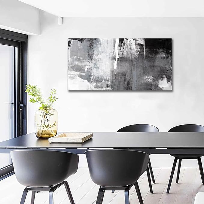 Kureful Black Abstract Wall Art Decor Grunge Room Decor Art Grey Canvas Wall Decoration 20" x 40" Painting Black And White Artwork for Bedroom Home Office Dining Room Decoration