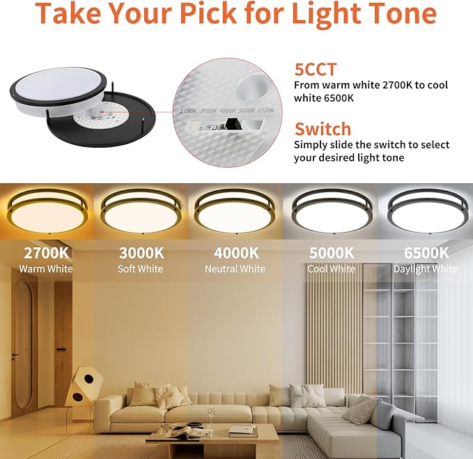 13Inch 36W Ceiling Light Fixtures 2 Packs, 5CCT Flush Mount Ceiling Mount Lights 2700K 3000K 4000K 5000K 6500K, Dimmable Close to Ceiling Lights, LED Ceiling Lights for Bathroom Kitchen Bedroom, Black