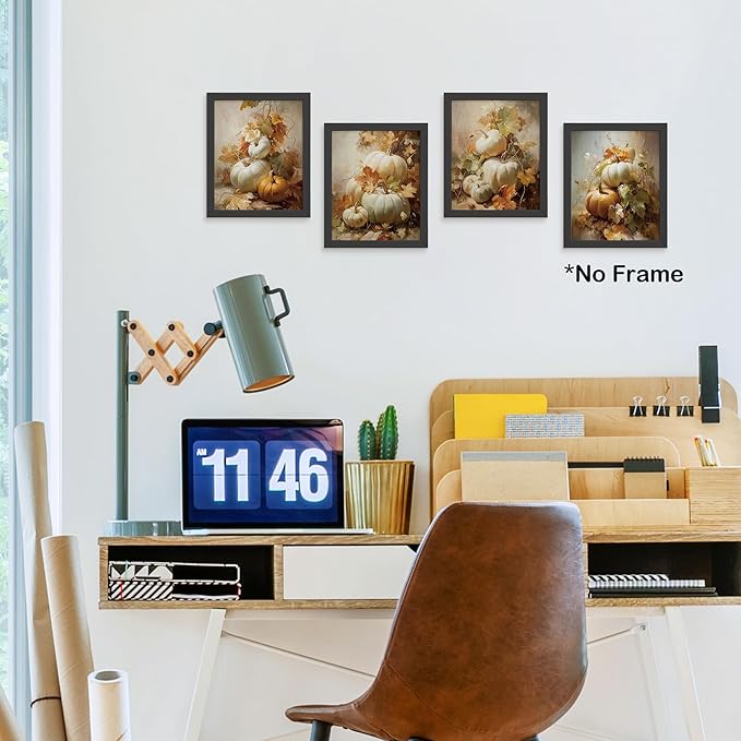 TLESKE Vintage Fall Pumpkin Posters Prints Unframed 8x10 Set of 4, Rustic Farmhouse Cottagecore Wall Art Prints Decor for Bedroom Living Room, Autumn Leaves Thanksgiving Wall Pictures