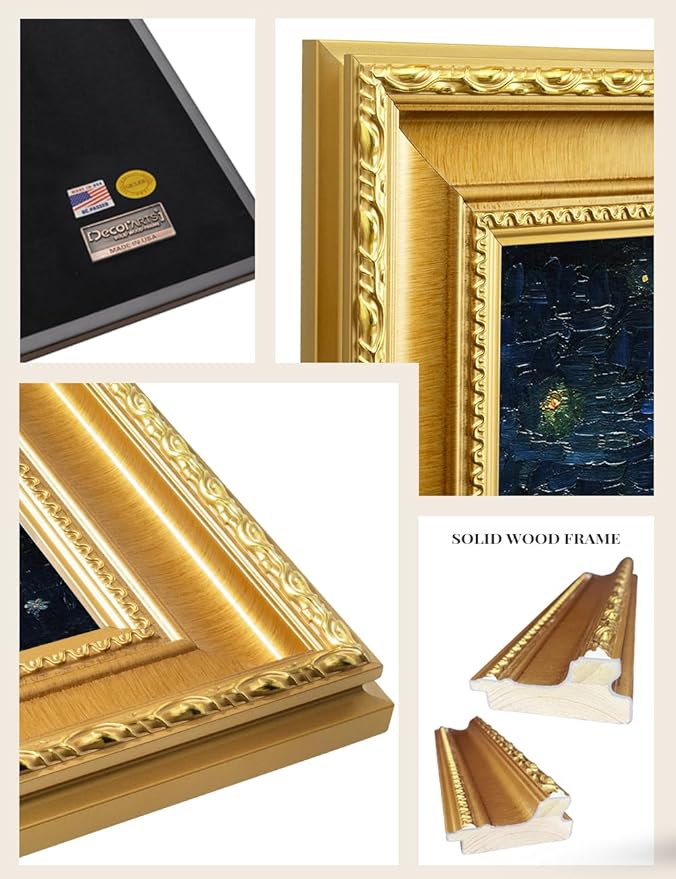 DECORARTS - Vincent van Gogh's Starry Night Over the Rhone. Museum-Quality Giclee Print on Cotton Canvas, Ornate Gold Solid Wood Frame, Framed Size: 34.75x28.75 in, Made in USA