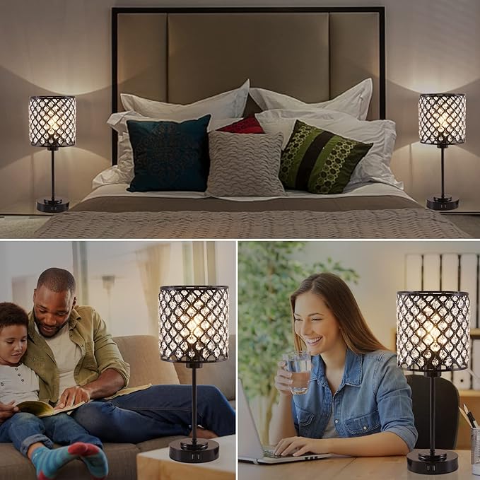 Crystal Touch Control Table Lamp with 2 USB Charging Ports, 3-Way Dimmable Black Crystal Table Bedside Lamp Nightstand Desk Light for Bedroom, Girls Guest Room, Living Room, Bulbs Included