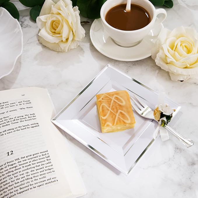 WDF Silver Plastic Dessert Plates with Plastic Forks - 6” 100 Square Disposable Appetizer Plates Small Plates Cake Plates with Silver Rim &100 Small Appetizer Forks for Party/Wedding.