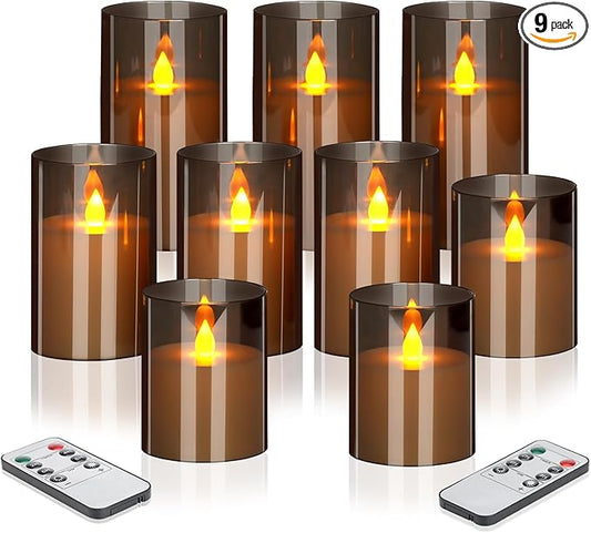 Flameless Candles 4" 5" 6" Acrylic Glass Pillars 3" Diameter Battery Operated Flickering Candles Include Remote with 24Hour Timer Function 400+ Hours by 2 AA Batteries (Gray, Warm Light 9 Pack)
