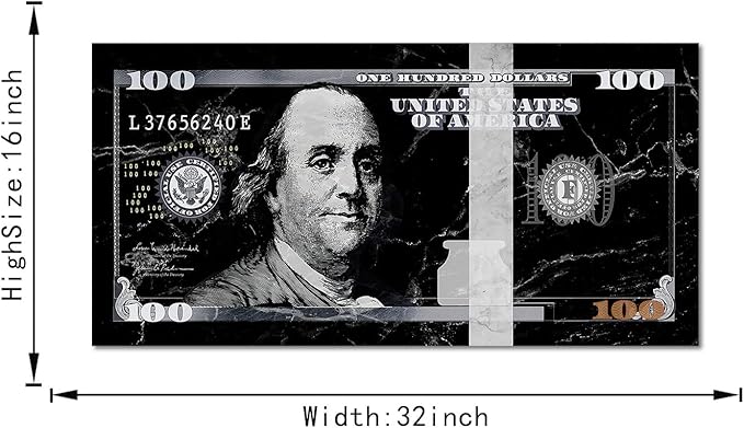 Inspirational 100 Dollar Wall Art Benjamin Franklin Black and white Graffiti Money Canvas Office Home Wall Art Inspired Motivational Wall Decor for Gym Coffee Shop Wooden Framed Easy to Hang-32"Wx16"H