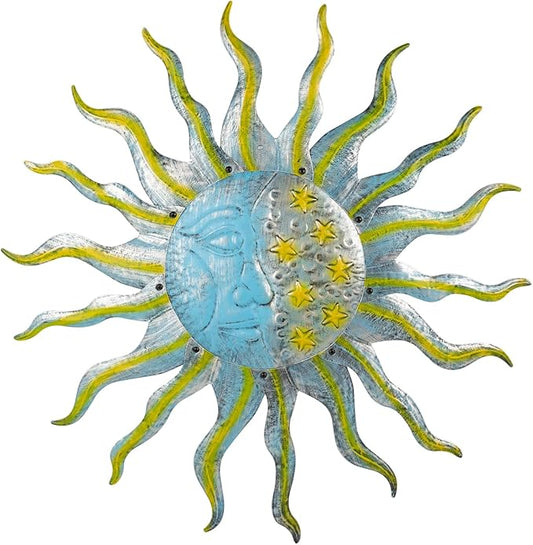 Large Metal Sun Wall Decor Outdoor, 27 Inch Sun and Moon Decor Metal Wall Art, 3D Sun Wall Decor for Patio Garden Yard Fence Bedroom Living Room Decoration