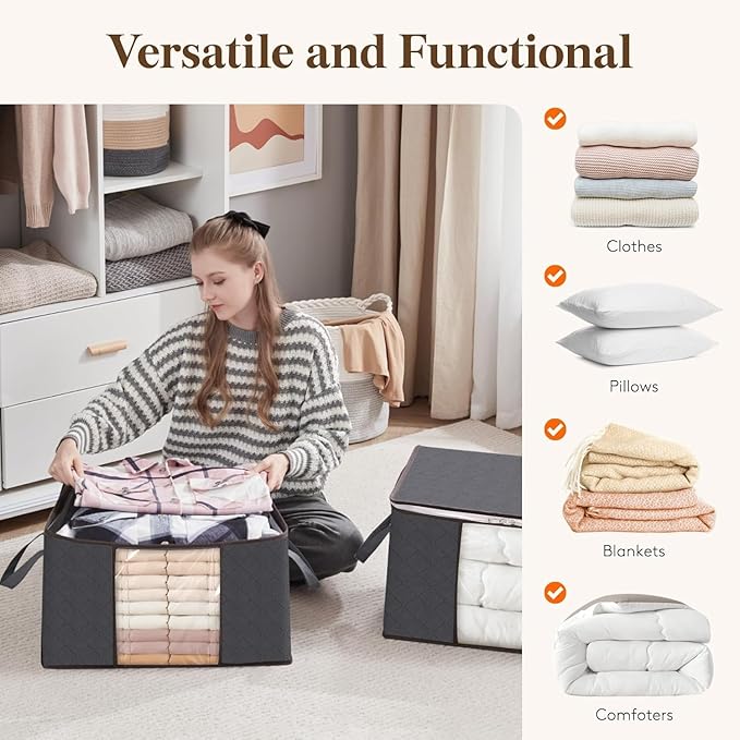 Lifewit 90L Large Storage Bags, Closet Organizers and Storage, Clothes Storage Bins with Lids, Foldable Storage Containers with Reinforced Handles for Clothing, Blanket, Bedding, Comforter 3 Pack Gray