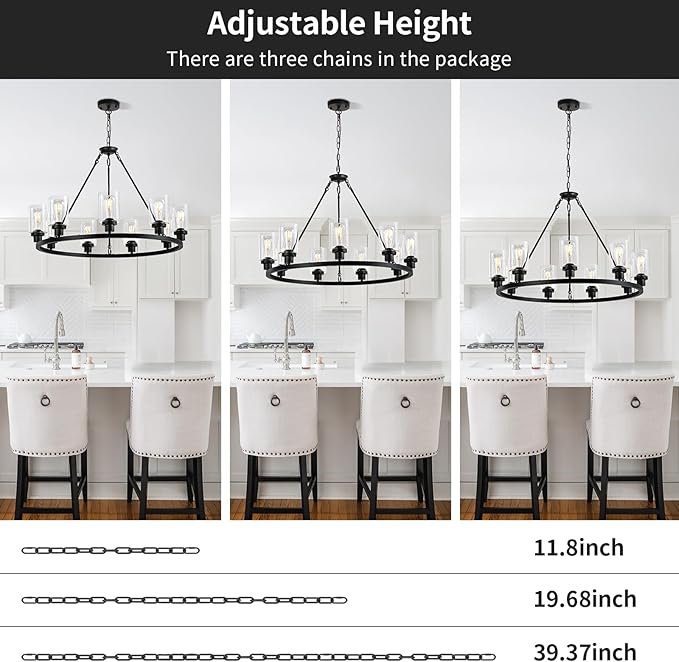 9-Light 32" Modern Farmhouse Chandeliers for Dining Room,Wagon Wheel Black Chandelier,Adjustable Height Hanging Round Pendant Lights for Kitchen Island Clear Glass Shade Ceiling Light fixtures