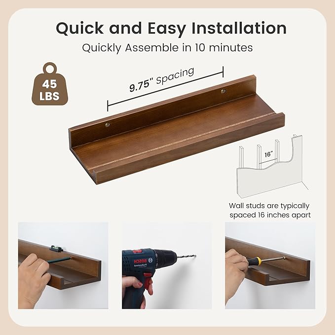 16 Inches Floating Shelves for Wall, Solid Pine Wood Picture Ledge Shelves, Walnut Wall Shelves with Lips, Nursery Book Shelves for Toys Storage Living Room Bedroom Photo Frames (2 Pcs, Walnut)