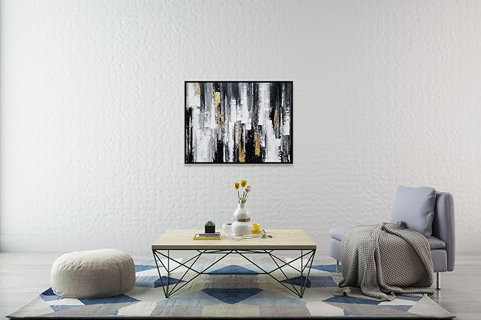 Yihui Arts Framed Black and White Hand Painted Canvas Wall Art with Gold Foil