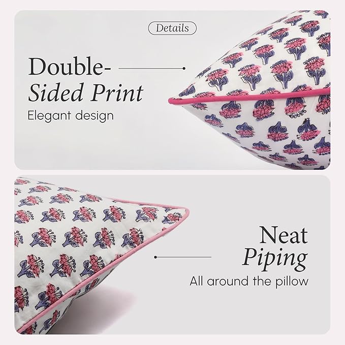 CPC 100% Cotton Throw Pillow Covers 18x18 Inch, Set of 2 Pink Block Print Pattern Couch Pillow, Cute Boho Decorative Pillows for Living Room, Bedroom with Hidden Zipper- Pink Sapphire