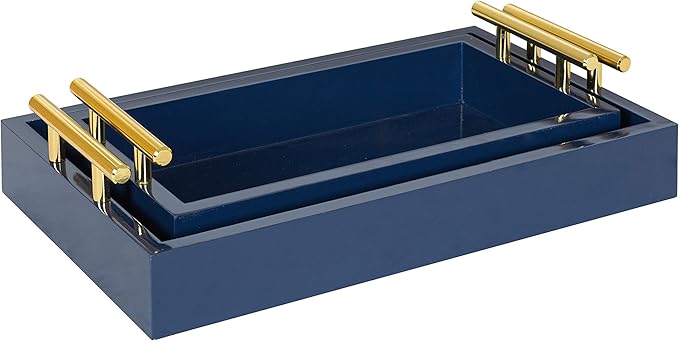 Kate and Laurel Lipton Modern Tray Set, Set of 2, Navy Blue and Gold, Glam Decorative Trays for Storage and Display