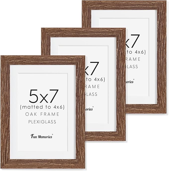 5x7 Picture Frame, Solid Oak Wood 5 x 7 Frame with Plexiglass, 5 by 7 Photo Frame for Wall & Tabletop Display, 5x7 Picture Frame Matted to 4x6, Walnut Color, 3 Pack