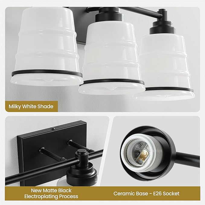 Black Bathroom Vanity Light Fixture,3 Light Bathroom Light Fixtures Over Mirror with Milky White Glass and Metal Base Wall Sconce,21.3 inch Modern Vanity Light for Bathroom (Exclude E26 Bulb)