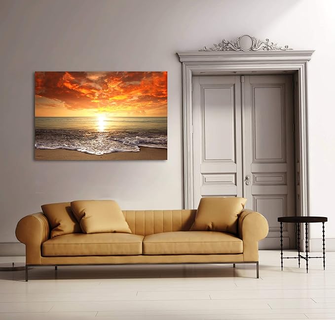 Baisuart-S0169 Canvas Prints Wall Art Sunset Ocean Beach Pictures Photo Paintings for Living Room Bedroom Home Decorations Modern Stretched and Framed Seascape Waves Landscape Giclee Artwork