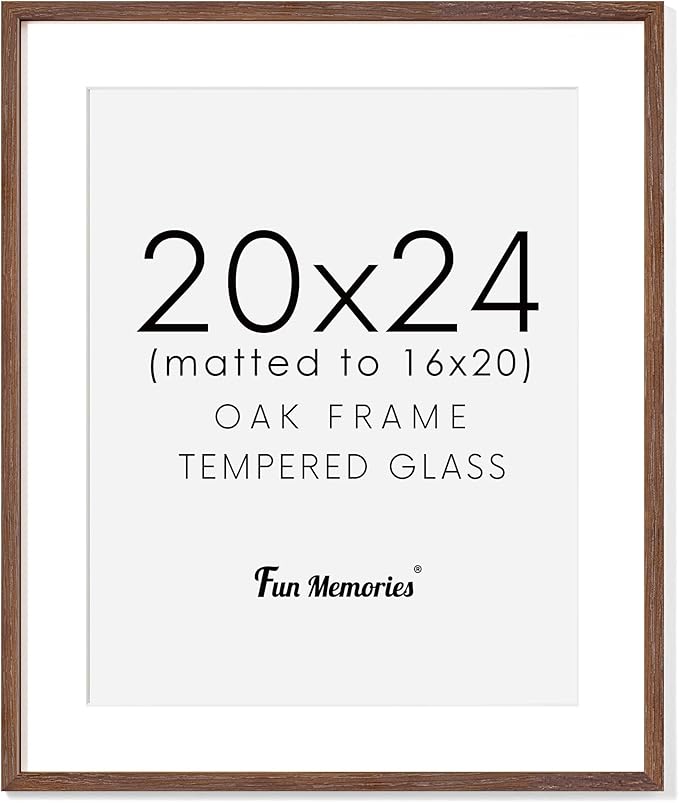 20x24 Picture Frames, Rustic Solid Oak Wood Frame 20 x 24 for Wall, Wooden 20 by 24 Photo Frames with Tempered Real Glass, 20x24 Poster Frame Matted to 16x20 (Walnut Color, 1 Pack)