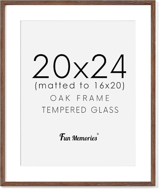 20x24 Picture Frames, Rustic Solid Oak Wood Frame 20 x 24 for Wall, Wooden 20 by 24 Photo Frames with Tempered Real Glass, 20x24 Poster Frame Matted to 16x20 (Walnut Color, 1 Pack)