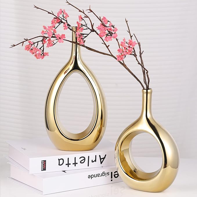 Glossy Gold Vase Ceramic Gold Vases Home Decor,Modern Minimalist Circle with Hole Decorative Vase, Hollow Ellipse Flower vases for Bookshelf, Fireplace Mantle, Centerpieces,Farmhouse,Rustic Décor