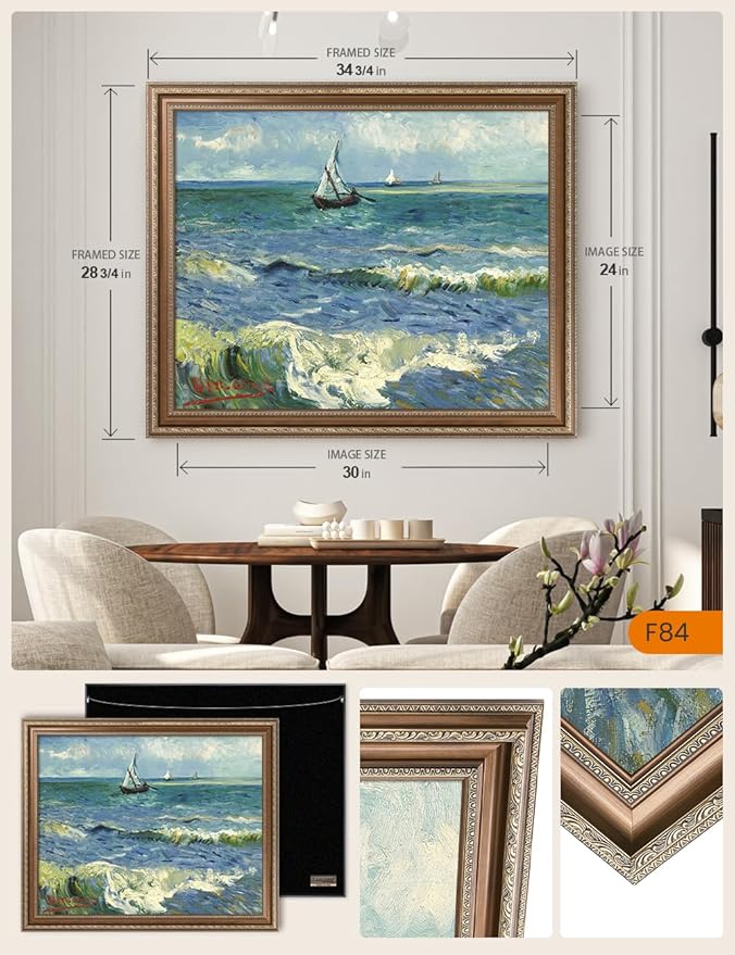 DECORARTS - The Sea at Les Saintes-Maries-de-la-Mer, Vincent Van Gogh Art Reproduction. Acid Free Cotton Canvas Giclee Print w/Bronze Frame&Mat for Wall Decor.