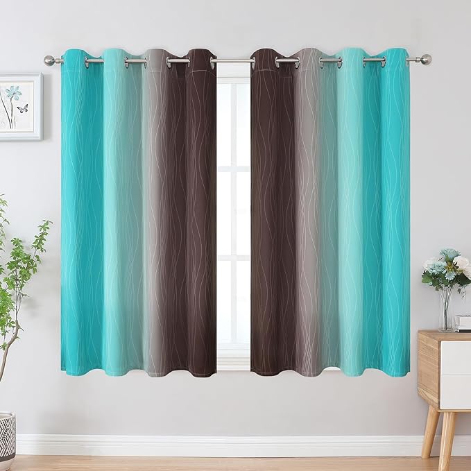 Estelar Textiler Brown and Teal Blackout Curtains 45 Inch Length, Light Blocking Gradient Drapes for Kitchen, Thermal Insulated Grommet Ombre Curtains for Bathroom,52Wx45L,2 Panels