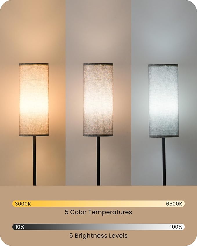 Dimmable Gray Floor Lamp for Living Room with Remote and Foot Switch, Corner Floor Lamp for Bedroom, Modern Standing Tall Lamp, 10W 900LM Bulb Included, 3000K-6500K, Linen Shade, FCC Listed H06LD05W1