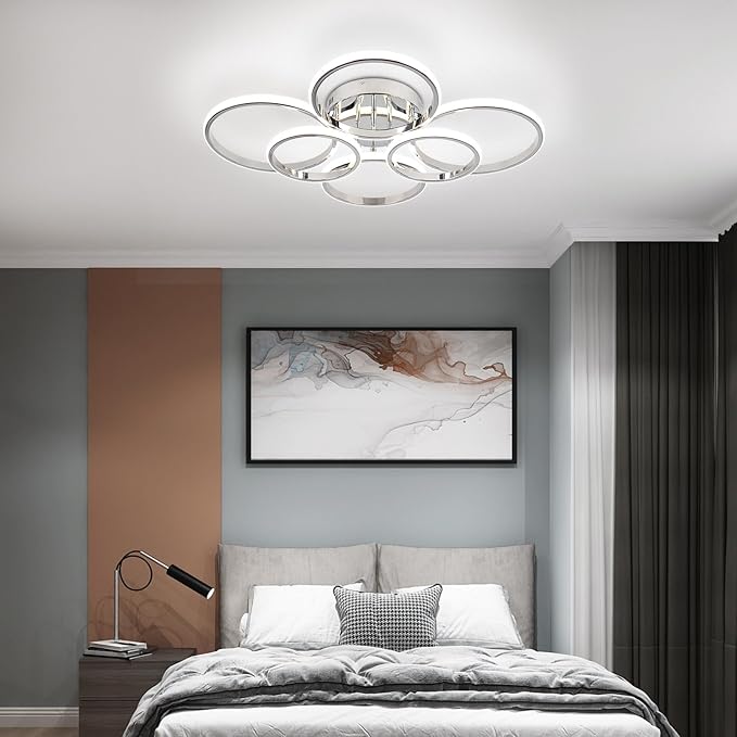 Modern Ceiling Lights, 6 Rings Dimmable Chrome LED Ceiling Light Fixtures with Remote Control, 60W Close to Ceilings Lighting for Living Room, Bedroom, Dining Room