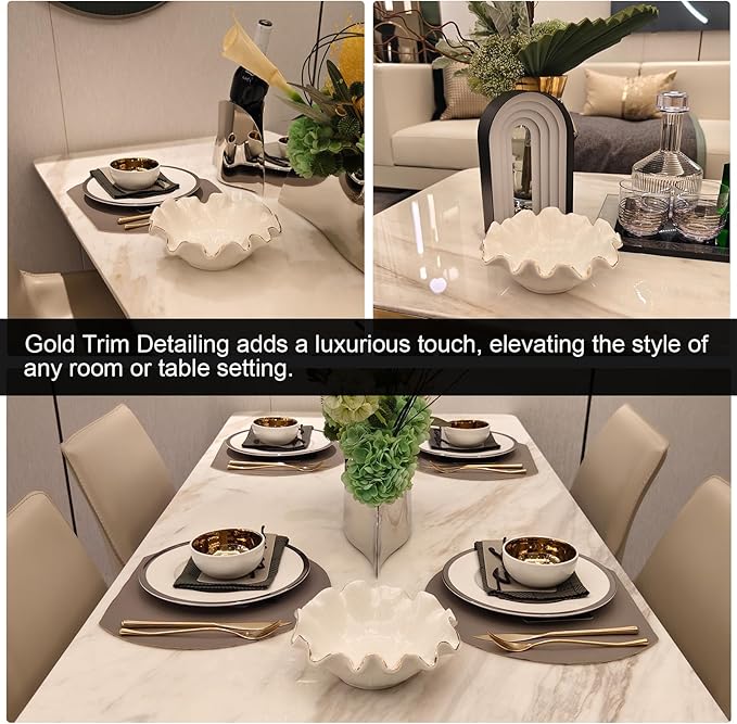 Small White Lotus Ceramic Decorative Bowl,Ruffle Lotus Leaf Decor Bowl with Gold Trim for Coffee Table Counter,Beautifully Catch All Bowl for Keys Coins near Entryways,Capacity about 2 Cups