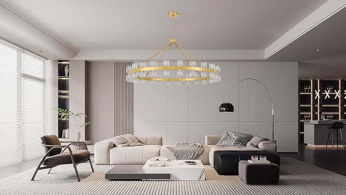 48 Inch Gold Wagon Wheel Chandelier with Crystal Shade, 48 Lights, Modern Farmhouse Style, Ideal for Dining Room, Kitchen, Entryways