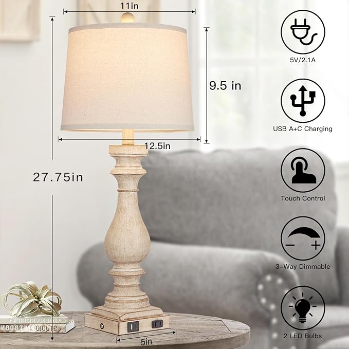 29" Tall Table Lamp for Living Room Set of 2,Vintage Bedside Nightstand Lamps with USB C+A Ports & AC Outlet,3-Way Dimmable Touch Control Desk Lamp for Bedroom,Color 1