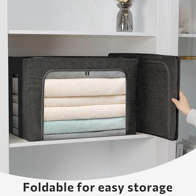 2 Pack Clothes Storage Bins Foldable Metal Frame Storage Box Linen Fabric Organizer Set with Carrying Handles and Clear Window (Black, 15.7x 11.8x 7.8Inch)