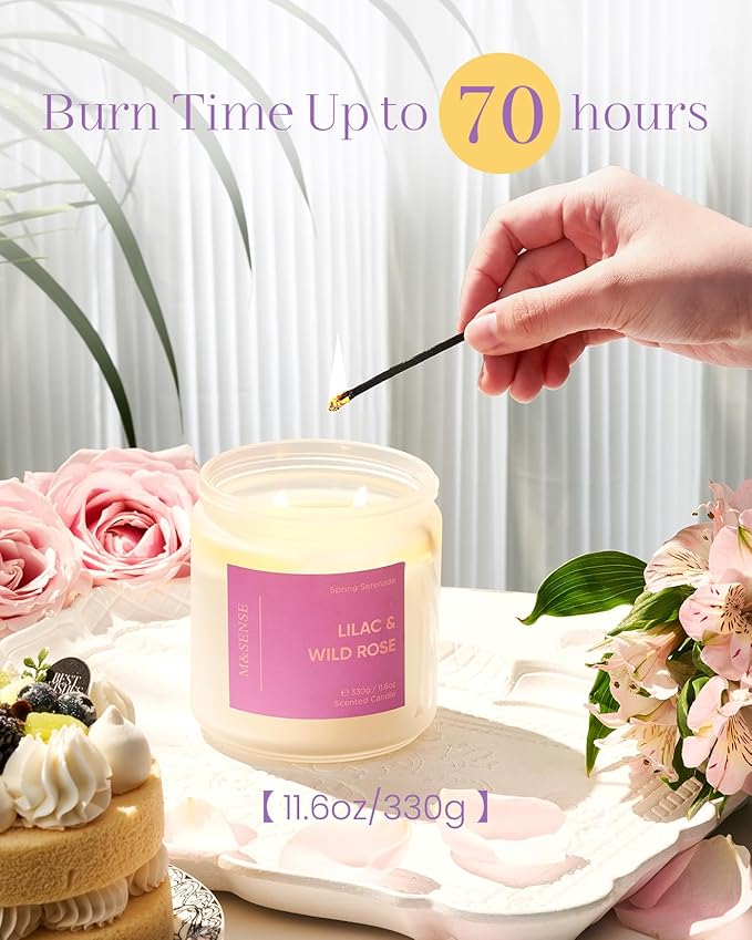 M&SENSE Lilac Wild Rose Scented Candle - 11.6oz Natural Soy Wax 70-Hour Long Lasting Burn Time Non Toxic, 2-Wick Aromatherapy Candle for Home Decor, Slow-Burning for Women