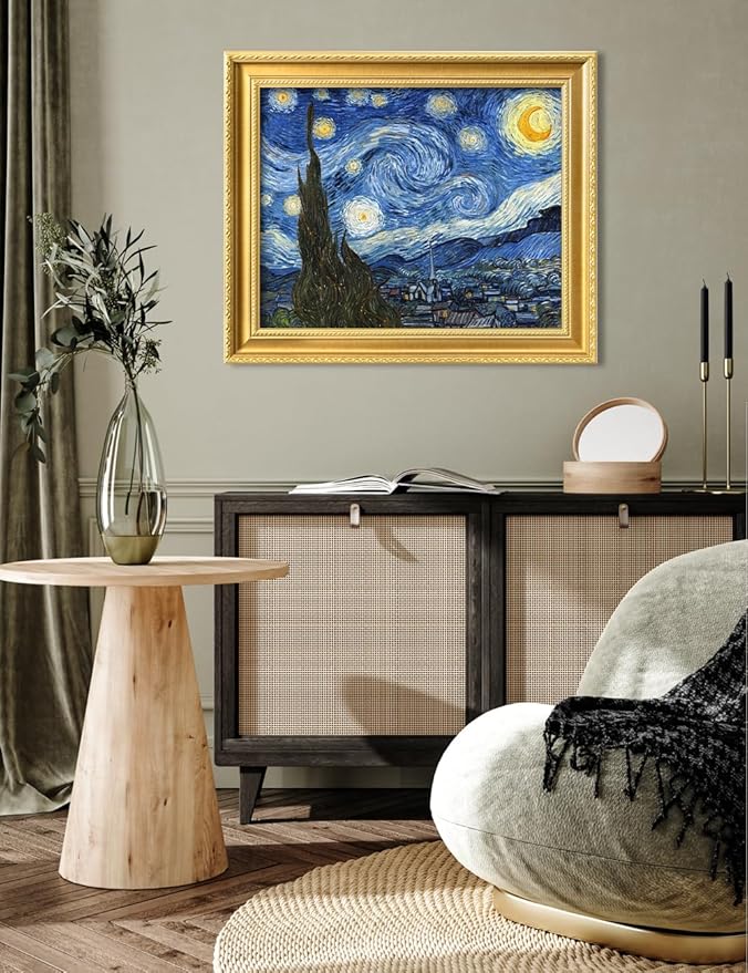 DECORARTS - Starry Night by Vincent Van Gogh. Giclee Print on Acid-Free Canvas in Gold Solid Wood Frame. Picture Size: 20x16, Total Size: 24.75x20.75, Made in USA