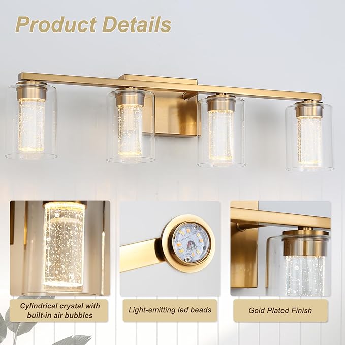 4-Light Gold Bathroom Vanity Light Fixture, Dimmable 5CCT Brushed Brass Bathroom Lights, 2700K-6500K Modern LED Wall Sconce Over Mirror with Clear Glass and Crystal Bubble