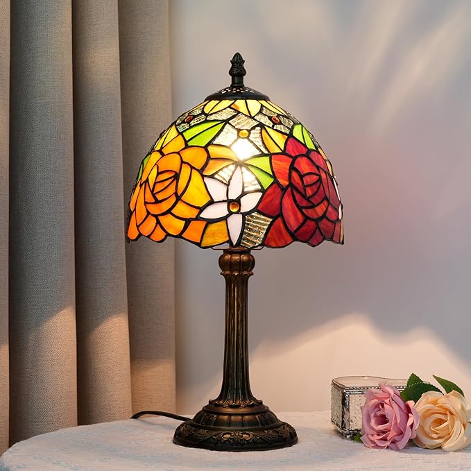8 Inch Tiffany Stained Glass Lamp, Red And Orange Rose Flower Design, Victorian Vintage Style Bedside Lamp, Suitable For Bedroom Dining Room Office Hotel And Other Home Decoration (Gorgeous Rose)