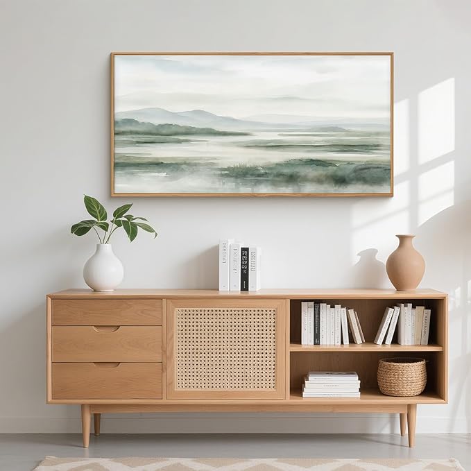 HOURIA Large Watercolor Misty Green Mountain Framed Canvas Wall Art,Neutral Brush Stroke Wall Decor,Modern Landscape Artwork,Nature Minimalist Art Print For Living Room,Bedroom,Office-20 x40 x1