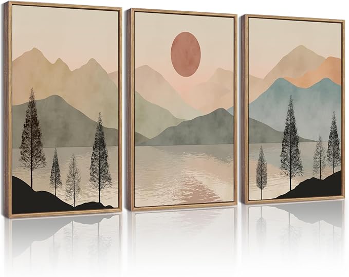 KUVIOKE Vintage Landscape Framed Wall Art Mountain Range Wall Decor Ink Wash Watercolor Nature Laker Sun Rises Prints Bedroom Living Dining Room Ready to Hang 11x14in (Natural Framed)
