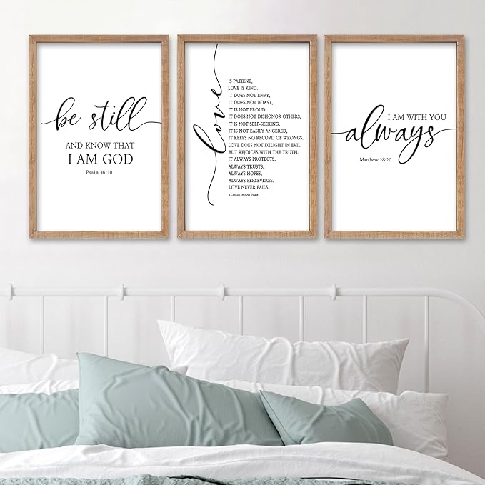 SRSZHIYUE Bible Verses Wall Decor Be Still Love Is Patient I Am With You Always 16"×11" Set of 3 Wooden Framed Scripture Living Room Wall Hanging Art (Wood)