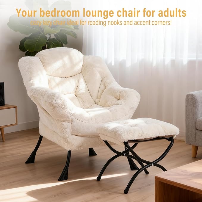 Lazy Chair with Ottoman, Modern Chair with Folding Footrest, Lounge Accent Chair, Comfortable Reading Chair for Bedroom, Study, Living Room, Courtyard (Plush Beige)