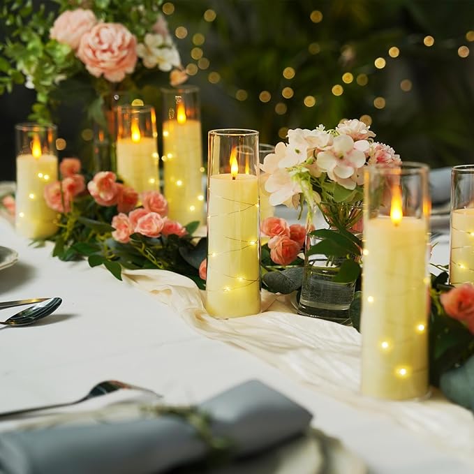 Raycare Flameless LED Candles with Embedded Star String, 9 Pcs Battery Operated Acrylic Pillar Candle with Timer and Remote, Flickering Candles for Romantic Ambiance and Home Decoration (Ivory)